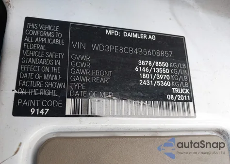 2011 Mercedes-Benz Sprinter 2500 High Roof from USA, damaged, VIN WD3PE8CB4B5608857